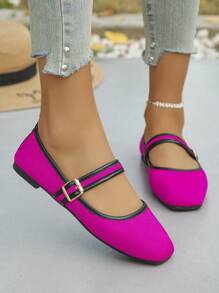 Plus Size 35-43 Retro Mary Jane Shoes, New Spring/Summer Fashion Versatile Strap Soft Bottom Flat Shoes, Comfortable & Casual Daily Wear, Square Toe Ballet Flats, Magenta