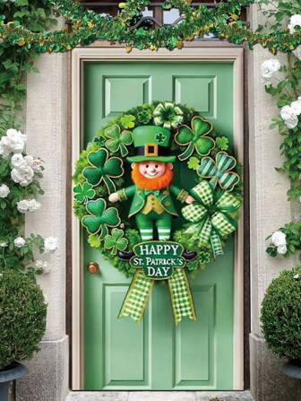 1 pieza Decoración de puerta con efecto 3D de tema del Día de San Patricio, 180*90cm/70.9*35.4 pulgadas, Guirnalda creativa de duende y elementos de trébol para colgar en el porche, adecuado para decoración de ambiente festivo, decoración interior/exterior, fondo de estudio fotográfico