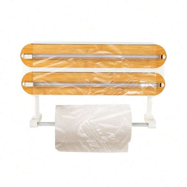 SENDERPICK Dispensador de papel de aluminio con cortador Portarrollos de pared 3 en 1 Dispensador magnético de papel de aluminio Portarrollos de papel de cocina Dispensador de film transparente para la cocina (Color madera de bambú)