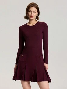 Button Decor Wide Pleated Knit Dress, Casual & Chic For Everyday Wear - Burgundy - View 3