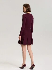 Button Decor Wide Pleated Knit Dress, Casual & Chic For Everyday Wear - Burgundy - View 2