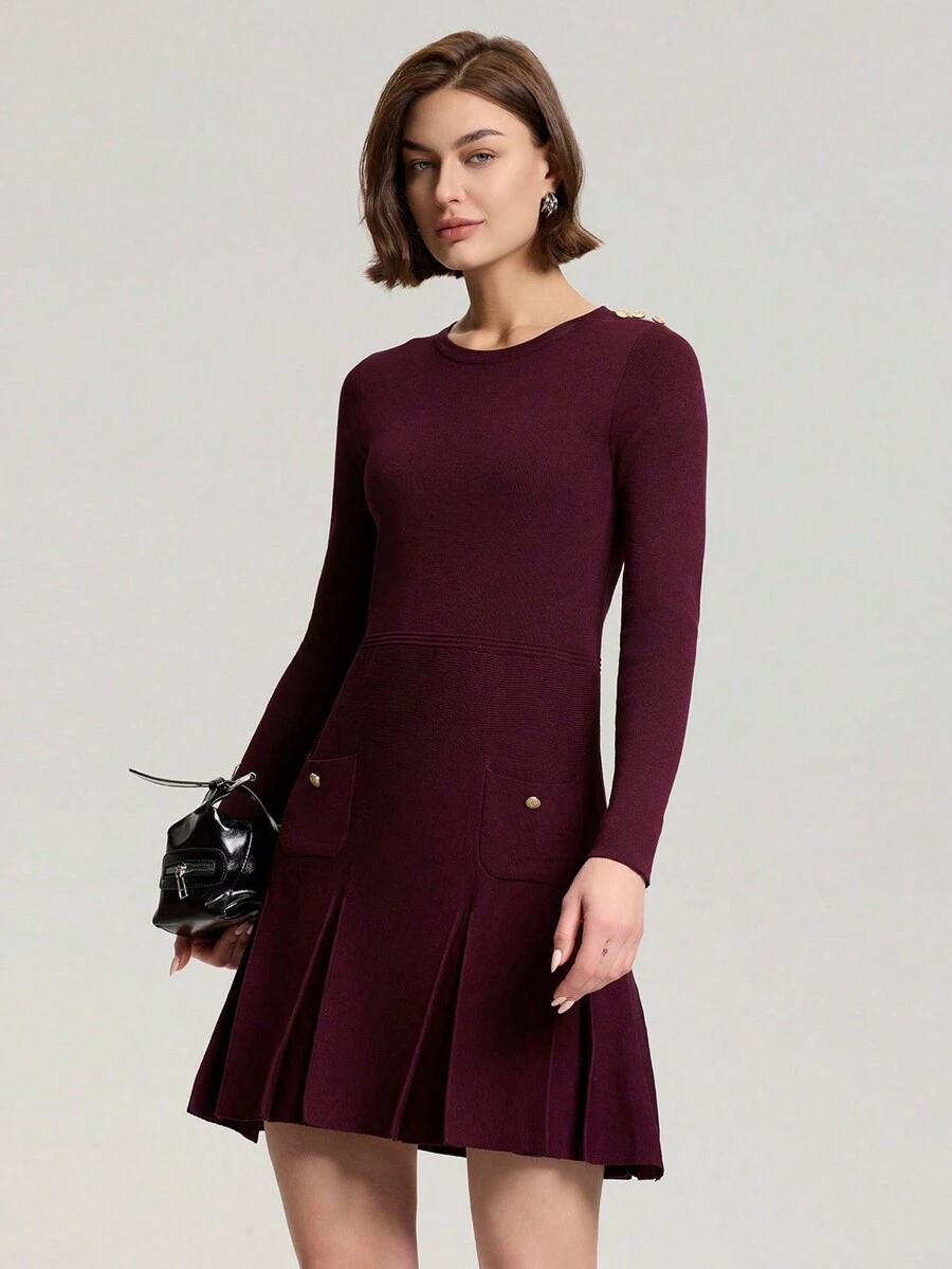 Button Decor Wide Pleated Knit Dress, Casual & Chic For Everyday Wear - Burgundy - View 1