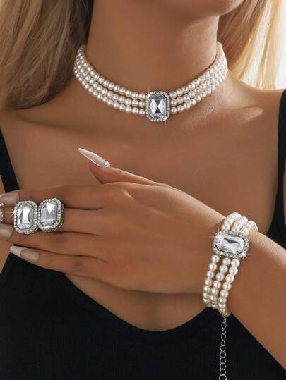 4 st eleganta och trendiga halsband, örhängen och armband med flera lager, pärlor och infällda ädelstenar, lämpliga för kvinnors vardagskläder, bröllop, fest och Halloween-presenter