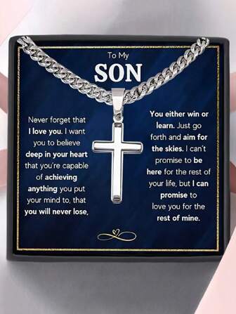 "To My Son" Cross Necklace, Chain Stainless Steel Cross Pendant, Birthday Gift For Son, Graduation Gift, With Card And Gift Box Packaging