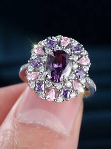 1 件奢华迷人彩色水晶花形 925 纯银戒指，时尚派对生日婚礼订婚礼物，情人节礼物