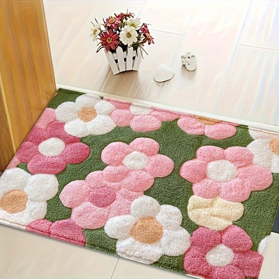 [热门] 厨房和浴室仿羊毛地毯，简约小花草图案设计，爱的意义，柔和的粉红色和草绿色元素，浪漫而充满活力，可定制尺寸，吸水，可机洗/手洗，防滑底部，柔软，快干，浴室地毯