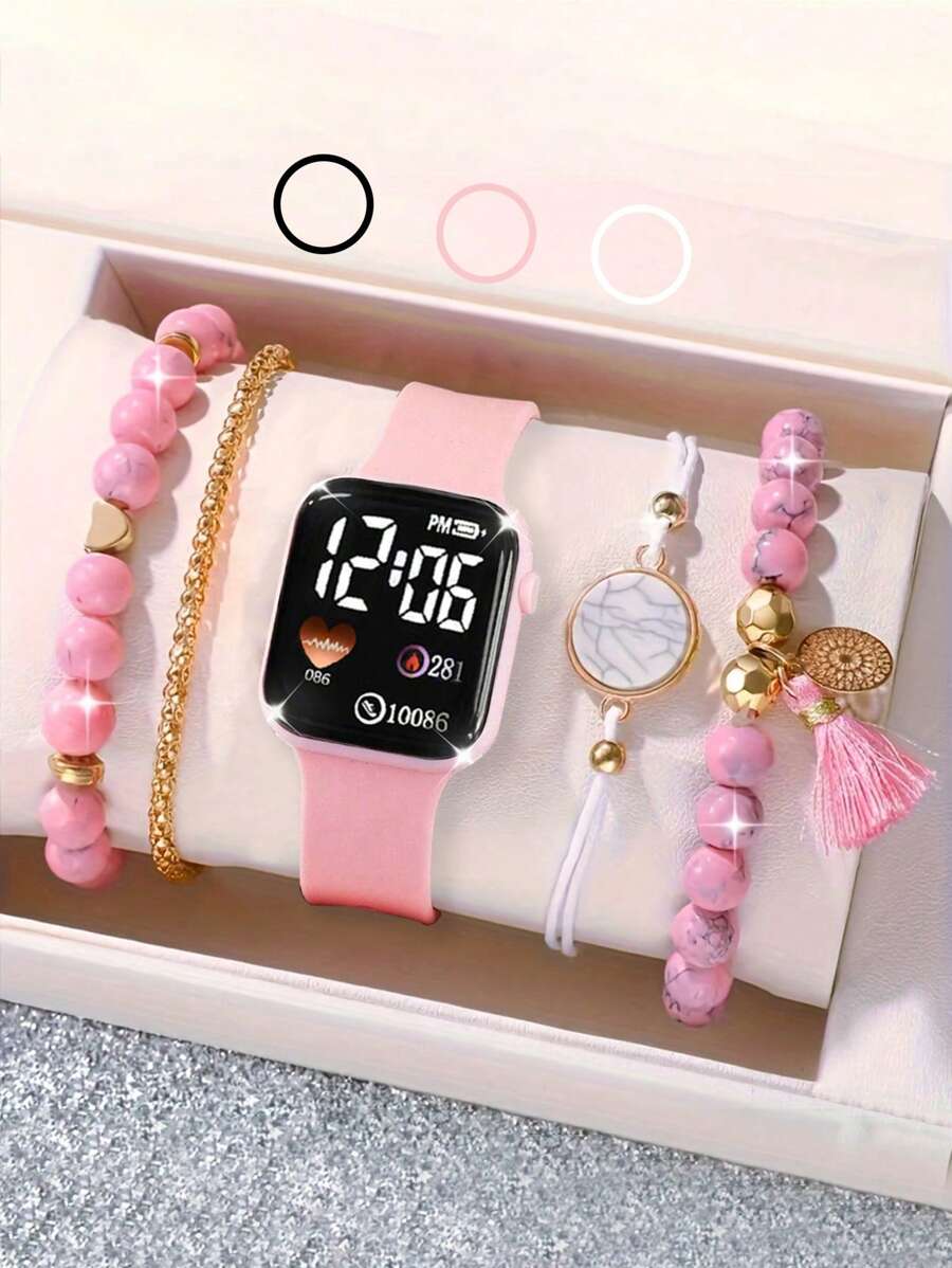 5/1pc 优雅可爱的方形数字手表适合儿童数字手表和精致手链套装作为妈妈的圣诞礼物旅行一切旅行手表时间