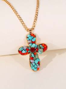 1 pièce Collier pendentif croix en cristal de turquoise de style boho occidental, perle de faux. Convient pour les vacances, les fêtes, les cadeaux et le port quotidien pour les femmes