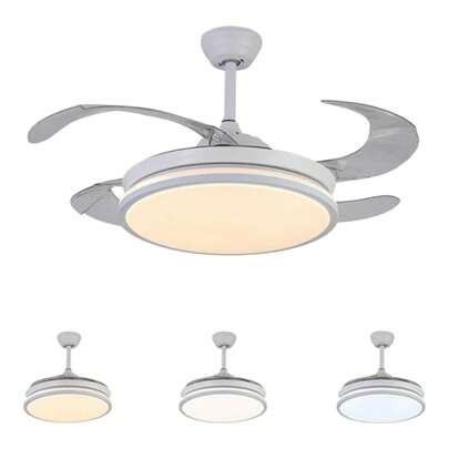 Ventilador de techo con luz LED 36W Blanco en 3 Temperaturas de Luz con Mando a Distancia -Motor D.C Eficiente y Silencioso, 3 tonalidades, aspas desplegables retráctiles, 6 velocidades, control remoto, memoria, temporizador, silencioso y bajo consumo (ventilador-001 6990)