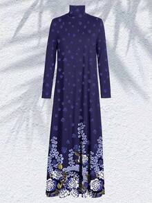 Women's Printed Long Sleeve Loose Maxi Length Abaya Robe - Blue - View 4