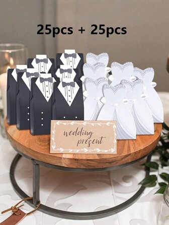 50 piezas Elegantes cajas de regalo de papel con diseño de novia y novio y cintas, cajas de embalaje para obsequios de bodas, propuestas, aniversarios y decoraciones para fiestas