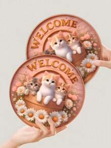 1pc Simple Cartoon Cute Cat "Welcome" Sign, Made Of High Quality Wood, Featuring Wreath Cradle And Adorable Cat Design, Versatile Wall-Mounted Decorative Hanging, Suitable For Entryway, Bedroom, Living Room Gifts Birthday Graduation
