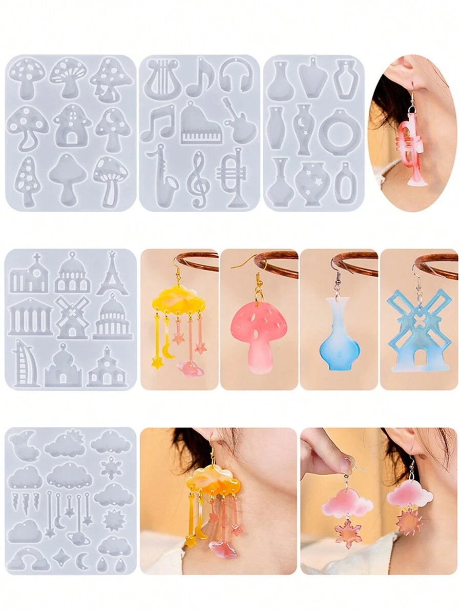 1pc Music Transient Epoxy Resin Casting Mold Guitar Note Piano Horn Earring Pendant Resin Silicone Mold, Castle Cloud Mushroom Vase Keychain Mold, Suitable For DIY Craft Jewelry