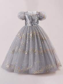 Tween Girls Short Sleeve Sequin Mesh Elegant Party Dress, Suitable For Banquet And Birthday