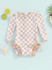 Toddler Baby Girls Bikini Beach Swimwear Long Sleeve Checkerboard Print Ruffle Romper Bathing Suit