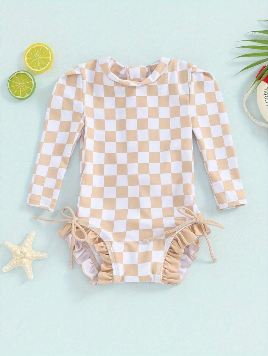 Toddler Baby Girls Bikini Beach Swimwear Long Sleeve Checkerboard Print Ruffle Romper Bathing Suit