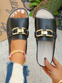 大码 36-45 夏季时尚休闲金色金属方扣坡跟拖鞋，轻便舒适的橙色罗马风凉拖鞋，百搭厚底女凉鞋，旅行必备 - 黑色 - 查看 4