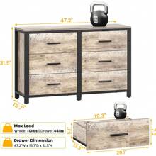 6 Drawer Dresser For Bedroom,Light Oak 47" Wooden Dressers For Bedroom, Natural Wooden Dresser Furniture, (Light Oak Gray) - Grey - View 10