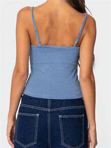 Women's Cropped Button Cami Tops Sleeveless Open Back Square Neck Striped/Floral Tank Tops - Trời xanh thẳm - Xem 2