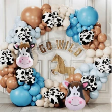 102/134pcs Western Style Cowboy Style Balloon Wreath Arch Game, Featuring Latex Balloons Printed With Cows, Nude In Shades Of Green Grey And Brown, And Aluminum Foil Decorations. This Game Is Designed For Farm And Animal Themed Birthday Parties And Party Decor Items