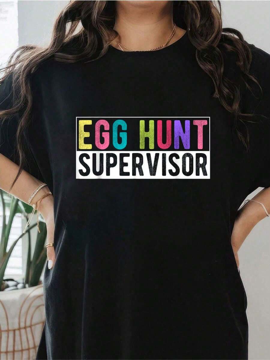 Egg Hunt Supervisor Easter Egg Hunt Supervisor Easter Fan T-Shirt  Print T-Shirt, Short Sleeve Round Neck Casual Top For Summer & Spring, Women's Clothing