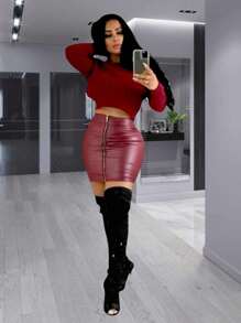 Minifalda Sexy De Vinipiel Con Cierre Enfrente - Granate - Ver 3