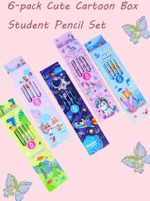 1 Set de 6 lápices en estuche con diseño de caja con dibujos animados, kit de papelería escolar