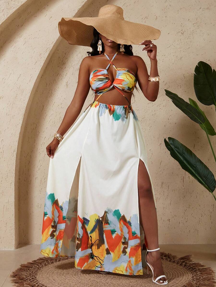 Women's Tie-Dye Print Backless Halter Dress, High Split Dress Bea Chwear Vacation Outfits Woman, Beach Outfits For Woman, Tropical Vacation Woman Clothes, Sundresses For Vacation