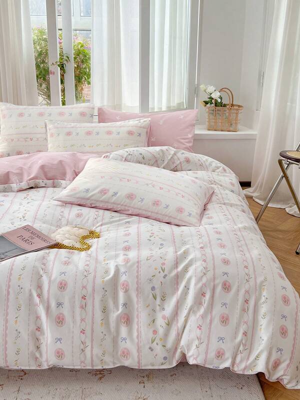 3pcs 100% Cotton Vintage Floral Duvet Cover Set, Breathable Suitable For All Seasons, 2 Pillowcases + 1 Duvet Cover (No Sheet)