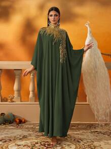 AmazingHoney Elegant Green Loose-Fit Kaftan Dress With Gold Sequin Embellishments, Party Modest Abaya, Formal Muslim Dress, Evening Gown,Abaya Dress (Loose Fit– Please Check Size Chart)