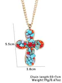 1 pièce Collier pendentif croix en cristal de turquoise de style boho occidental, perle de faux. Convient pour les vacances, les fêtes, les cadeaux et le port quotidien pour les femmes