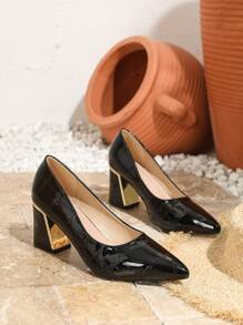 Plus Size Fashion Puntige Teen Chunky Hakken Hoge Hak Pumps, Zwart En Rood