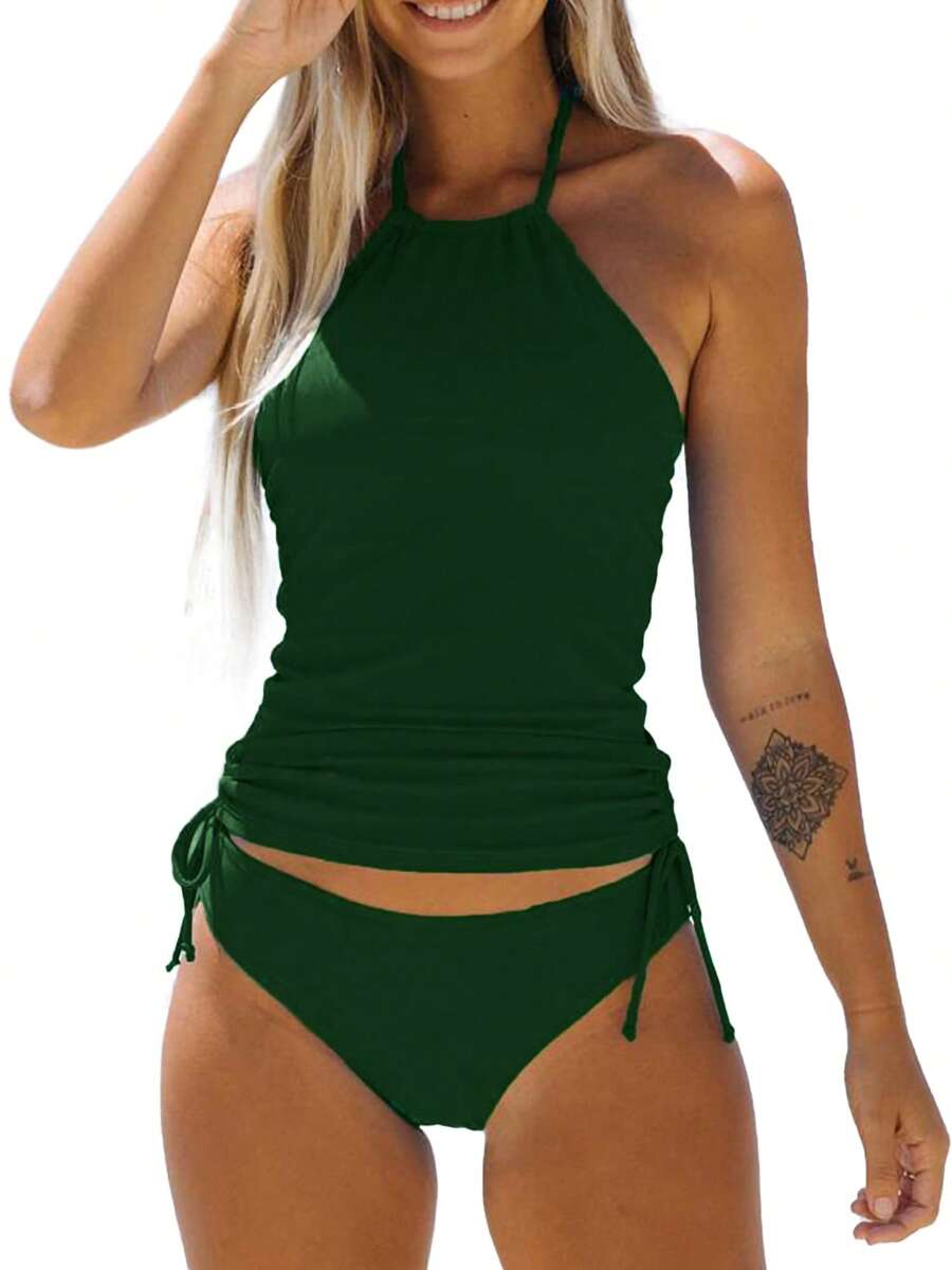 Women 2pcs Bikini Set Halter Neck Sleeveless Backless Crop Top + Panties Swimwear Swimsuit Summer Beachwear - xanh quân đội - Xem 1