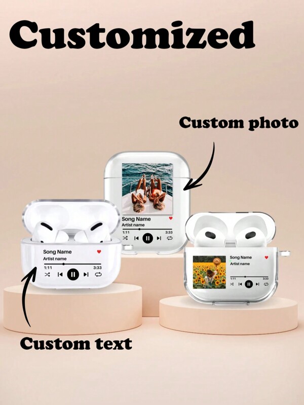 1 Stück personalisiertes Bluetooth transparentes Kopfhörergehäuse, anpassbarer Musikplayer mit Songtitel, Künstlername und Foto-Personalisierung, modische weiche TPU-Kopfhörerbox mit süßem Textdesign, kompatibel mit 1/2/3/4 Pro/Pro2