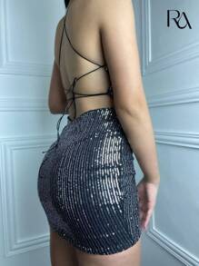 Vestido Karine | Paetê Brilhoso Tubinho Forrado Costas Nua Com Amarração Ajustável - Festa Aniversário Noite Balada Casamento Dia Verão Primavera