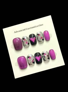 Handcrafted Wearable Armor. Press-On Fake Nails. Purple Heart Magic. Shiny. Fashionable And High-End. Advanced Cat-Eye Effect. Girls Can Reuse Them. - Hot Pink - View 3