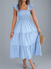 夏季新款纯色方领露背休闲褶皱荷叶边无袖吊带连衣裙，浅蓝色