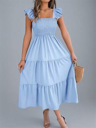 夏季新款纯色方领露背休闲褶皱荷叶边无袖吊带连衣裙，浅蓝色