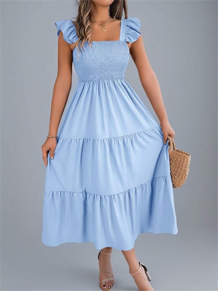夏季新款纯色方领露背休闲褶皱荷叶边无袖吊带连衣裙，浅蓝色