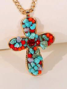 1 pièce Collier pendentif croix en cristal de turquoise de style boho occidental, perle de faux. Convient pour les vacances, les fêtes, les cadeaux et le port quotidien pour les femmes