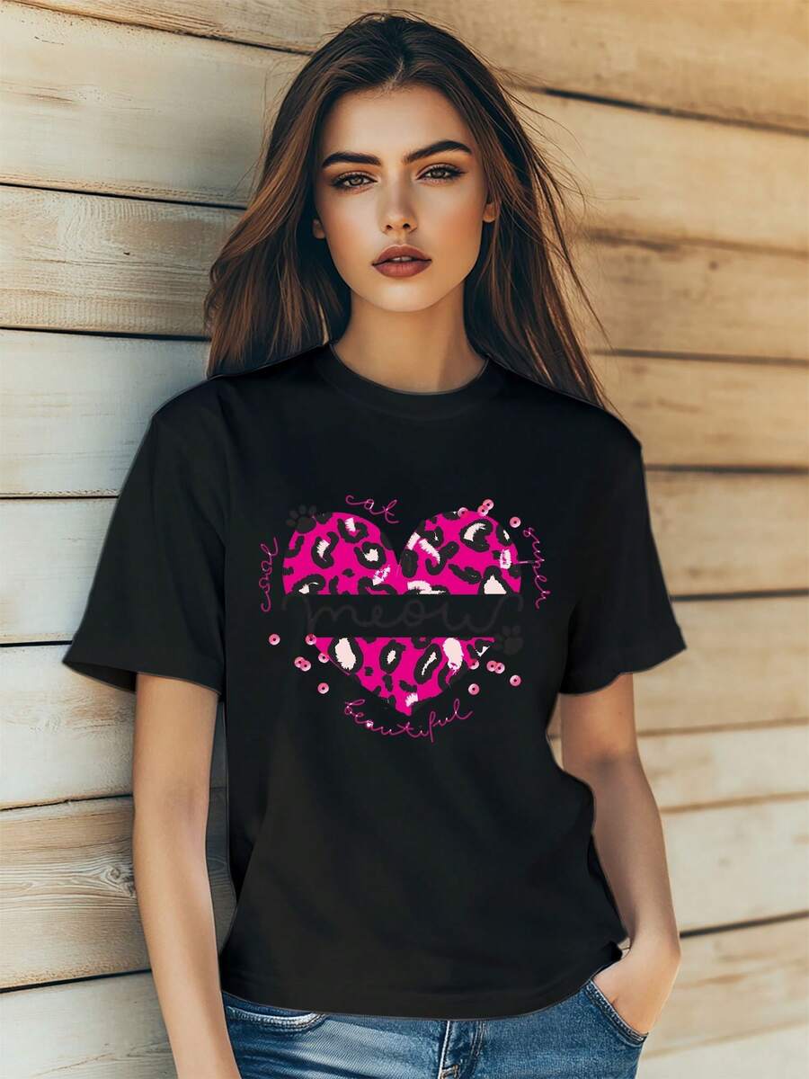 Women's  Love Leopard Print Letter Cartoon Style Print T-Shirt Fashion Short Sleeve Round-Neck Slm Fit Tops Summer Casual Streetwear