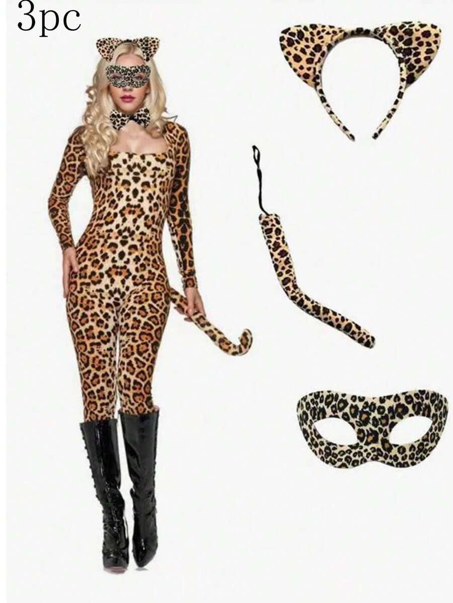 3pcsHoliday Party Rave Dance Leopard Print Hair Band Eye Patch Tail Suit Dress Up Performance Props - Leopard - View 1