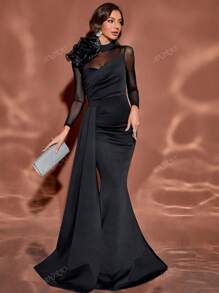 Vestido midi elegante para invitados de boda con malla floral 3D, cuello alto, silueta entallada, bajo de cola de pez, manga larga, para cóctel, vestido formal, vestido de noche, vestido de gala