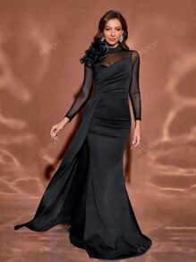 Vestido midi elegante para invitados de boda con malla floral 3D, cuello alto, silueta entallada, bajo de cola de pez, manga larga, para cóctel, vestido formal, vestido de noche, vestido de gala