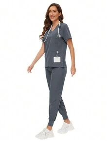 Women's Nursing Uniform, Beauty SPA Uniform, Pet Clinic & Veterinary Dental Workwear Set, High-Quality Nurse Uniform - Grey - View 5