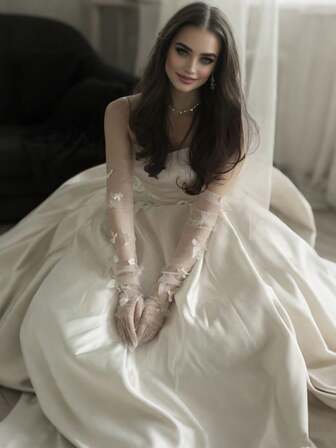 1 Par de Guantes de Encaje Largos con Mariposa y Flor, Decoración Elegante y Lujosa para Vestido de Novia, Accesorios para Sesión de Fotos