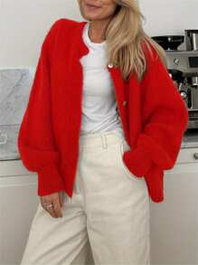 Women's Solid Color Cardigan Fuzzy Long Sleeve Button Down Sweater Soft Knit Tops Outerwear - Red - View 1