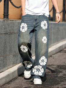 HEHCN Men's Floral Print Pockets Casual Loose Fit Y2K Retro Wide Leg Blue Jeans, Emo Style
