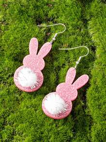 1 Pair Glitter Acrylic Cute Bunny With Pom Pom Tail Rabbit Easter Day Earring - Pink - View 2