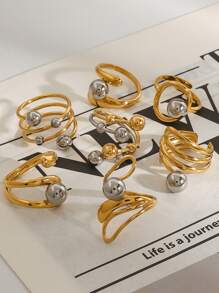 Uworld 1Pc French Hollow Asymmetrical Open Ring Line Design Personalized Creative Stainless Steel Ring 18K Gold-Plated Women's Modern Minimalist Ring Suitable For Daily Wear HHoliday Party Festival Etc. - Metal Ball Design - View 2